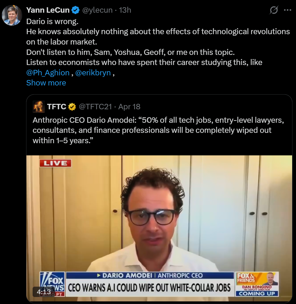 Yann LeCun arguing that people should listen to economists rather than AI lab leaders on AI and labor markets.